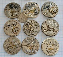 28-lot Swiss POCKET WATCH MOVEMENTS parts repair 29 to 43mm (16s) Longines Ebro