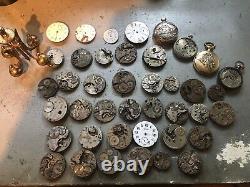 41 vintage Pocket Watch Movements, faces Cases, Brass WeightMixed Lot