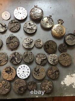 41 vintage Pocket Watch Movements, faces Cases, Brass WeightMixed Lot