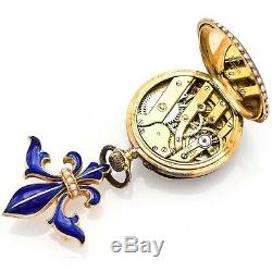 Antique 14K Gold Enamel And Pearl Pocket Watch With Swiss Movement