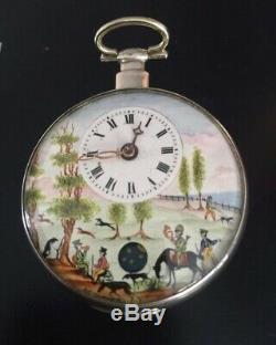 Antique Fusee Movement Pocket Watch lovely Enamel Face and moon face second