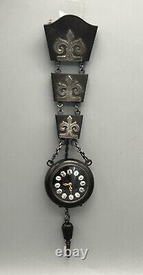 Antique Gutta Percha Case Silver Fleur De Lys Chatelaine Pocket Watch Runs TLC