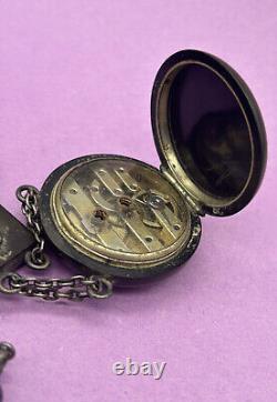 Antique Gutta Percha Case Silver Fleur De Lys Chatelaine Pocket Watch Runs TLC