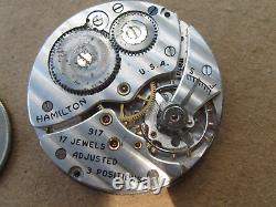 Antique Hamilton 10S 917 17 Jewels Adjusted Pocket Watch Movement PARTS repair