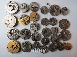 Antique Lot 28 Different Names & Sizes Pocket Watch Elgin Waltham Movement Parts