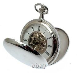 Chrome Hunter Pocket Watch Skeleton Movement Pocket Watch