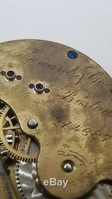 E Howard N series Pocket Watch Movement Dial Hands ticking to repair F1257