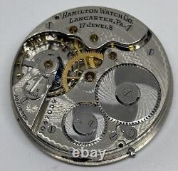 HAMILTON POCKET WATCH MOVEMENT Lancaster PA 17 Jewels 16s 1913 Does Not Run