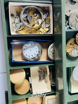 HUGE Pocket Watch Parts Repair box movements springs cases WOW bridge plates