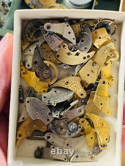 HUGE Pocket Watch Parts Repair box movements springs cases WOW bridge plates