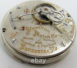 Hamilton 18s Pocket Watch Movement 21 j. Fit OF case Serial 913,254 grade 940