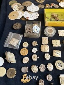 Huge Lot of Vtg Ant Watch & Pocket Watch Parts Movmt Dials Longines Omega Elgin