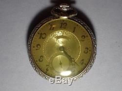 Illinois pocket watch open face 10K white gold filled Wadsworth case, 17 jewels