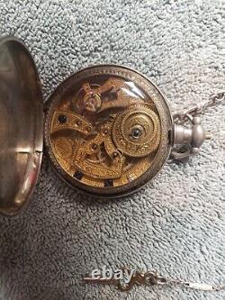 Juvet Watch Silver Keywind Chinese Duplexe with Gilt Movements + chain with stone