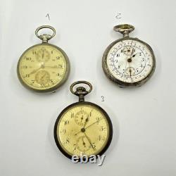 Lot Of 3 Lip & Others Pocket Watch Open Face Chronographs Repair/parts