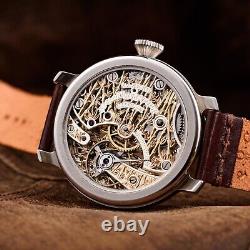 Luxury watch based on antique mechanism, gold, silver, vintage mens wristwatch, rare