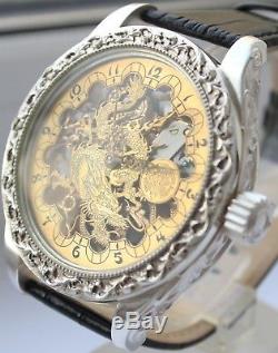 Man's Swiss Pocket Watch Omega Movement 1946's SKELETON Fire Dragon, Silver Case