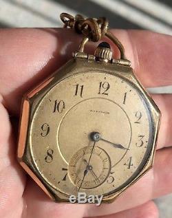 Marathon Octagon Pocket Watch Gallet Movement Ca. 1920 with Hand Chain