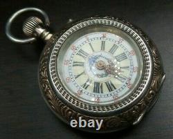 Ornate Antique Swiss 800 Silver Open Face Ladies Pocket Watch Engraved Movement