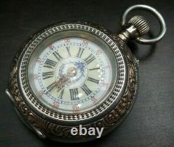 Ornate Antique Swiss 800 Silver Open Face Ladies Pocket Watch Engraved Movement