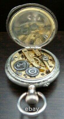 Ornate Antique Swiss 800 Silver Open Face Ladies Pocket Watch Engraved Movement