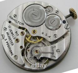 Pocket Watch Movement 10s Hamilton 917 17 jewels 3 adj. Dial & hands OF