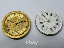 Pocket watch movements 2x key winding mid size + 3 dials antique