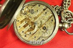 RARE BIG Antique Carved Movement Swiss Key-winding SILVER Pocket Watch W150