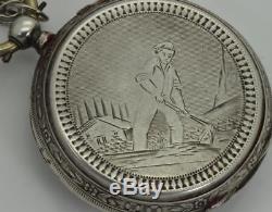 Rare antique engraved silver watch for Chinese market. Fancy skeleton movement