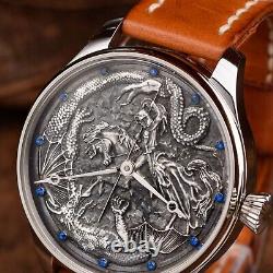 Silver dial vintage watch, antique wristwatch, pocket watch mechanism on wrist
