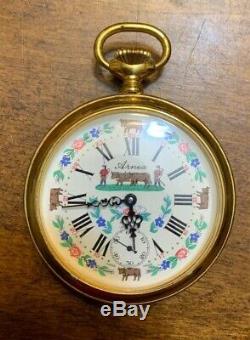 VTG ARNEX 17J SWISS MOVEMENT POCKET WATCH FANCY DIAL ORNATE COW FACE Working