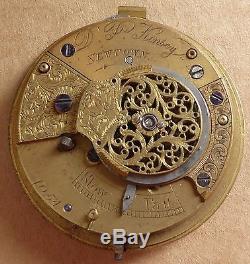 Verge pocket watch movement, D. P. Kinsey Newtown, dual dial, working order, 46mm