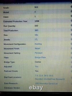 Very Rare! 16sz Hamilton 963 only 380 made! 17 jewel RR pocket watch. Runs