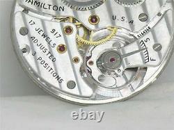 Vintage 10s 17j Hamilton 917 Nickel Pocketwatch Movement & Silver Dial, Running