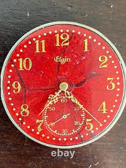 Vintage 12s Elgin Pocket Watch Movement, Gr. 187, Fancy Red Enamal Dial. Running