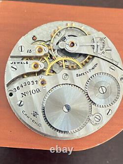 Vintage 16 Size Hampden Pocket Watch Movement, Gr. 109, Keeping Time, Year 1917