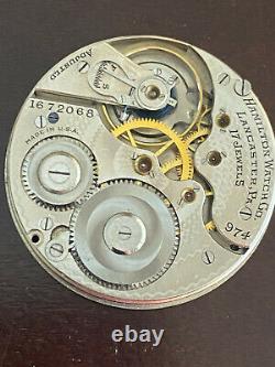 Vintage 16s Hamilton Pocket Watch Movement, Gr. 974, Runs Good, Main Slips, Year 1922