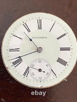 Vintage 34.56mm Columbia Pocket Watch Movement, Runs Good, Fancy Dial