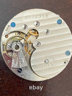 Vintage 34.56mm Columbia Pocket Watch Movement, Runs Good, Fancy Dial