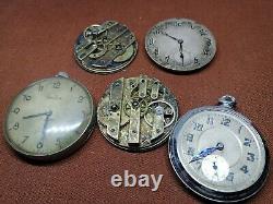 Vintage 5 Pocket Watch Movement & Dial For Parts & Repair