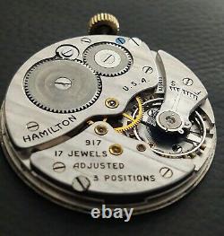 Vintage Hamilton 10 Size17Jewels 917 Pocket Watch Movement Running Mint Dial