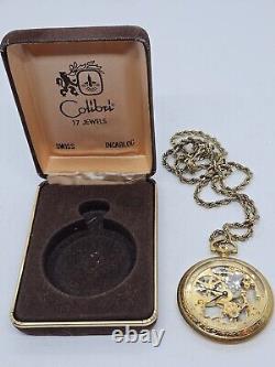 Vintage Working COLIBRI 17 Jewel Swiss Incabloc Skeleton Dial Pocket Watch withBox