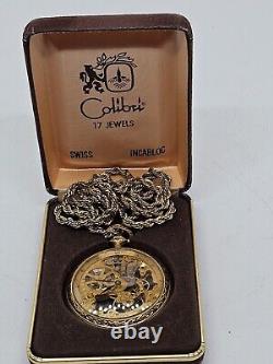 Vintage Working COLIBRI 17 Jewel Swiss Incabloc Skeleton Dial Pocket Watch withBox