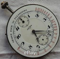 Vulcain chronograph pocket watch movement & enamel dial 45,5 mm. Stem to 12