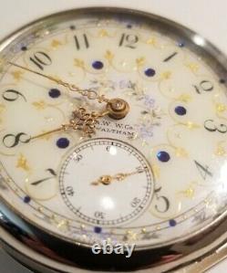 Waltham 18S. 17 jewels adj. Mint fancy dial gold trimmed movement (1907)